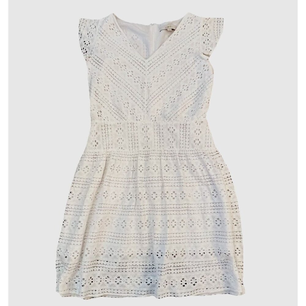LOFT Women’s Lace V-neck Ruffle Sleeve Lined Size 6 White Fit and Flare Mini